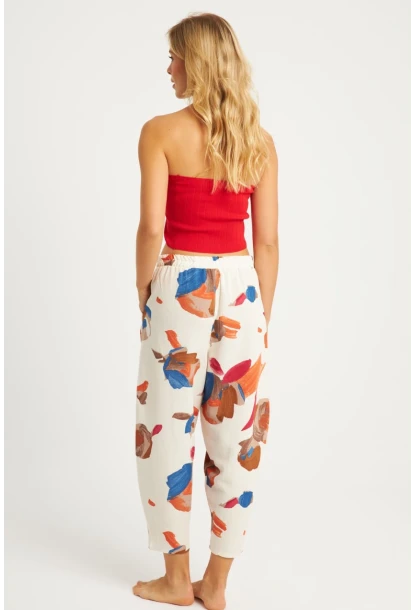 Kadın Ekru-Kahve Desenli Keten Şalvar Pantolon K1253