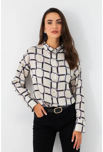 Kadın Ekru-Kahve Desenli Saten Gömlek MSHR500