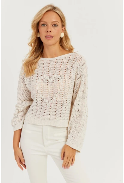 Kadın Ekru Kalpli Ajurlu Triko Bluz MİW3761