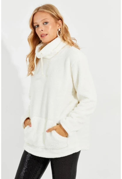 Kadın Ekru Kanguru Cep Peluş Sweatshirt Q978
