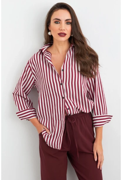 Kadın Ekru-Kiremit Çizgili Salaş Gömlek ELA6932