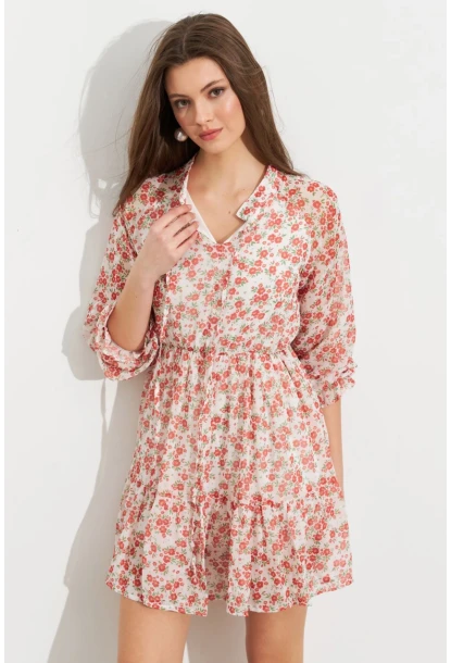 Kadın Ekru-Kırmızı Desenli Şifon Mini Elbise ROP107