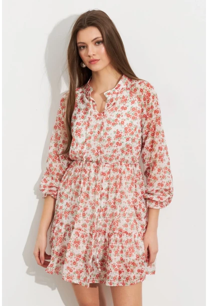 Kadın Ekru-Kırmızı Desenli Şifon Mini Elbise ROP107
