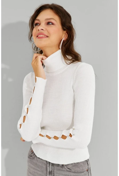 Kadın Ekru Kolları Taş Detaylı Balıkçı Kazak SF2185