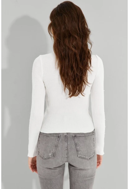 Kadın Ekru Kolları Taş Detaylı Balıkçı Kazak SF2185