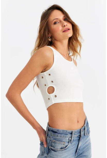 Kadın Ekru Küş Gözlü Crop Bluz ANT101