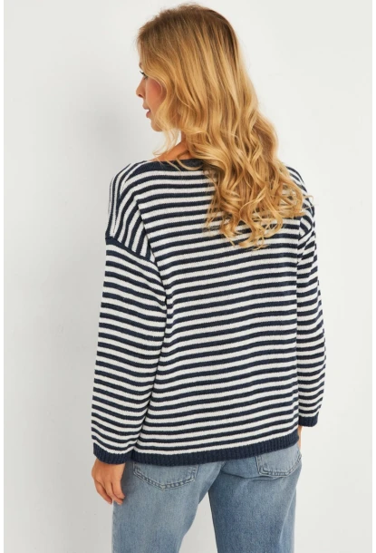 Kadın Ekru-Lacivert V Yaka Triko Salaş Bluz YV283