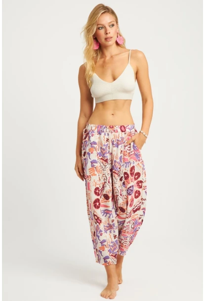 Kadın Ekru-Lila Desenli Keten Şalvar Pantolon K1253