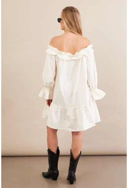 Kadın Ekru Madonna Yaka Midi Elbise PSG1012