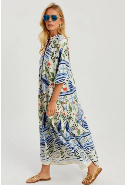 Kadın Ekru-Mavi Desenli Salaş Maxi Elbise GÇ166