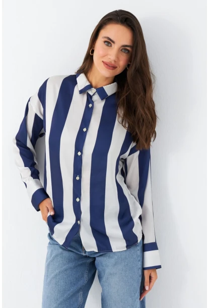 Kadın Ekru-Mavi Desenli Saten Gömlek MSHR500