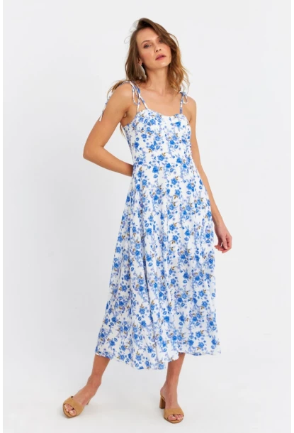 Kadın Ekru-Mavi İp Askılı Çiçekli Midi Elbise ERL10013