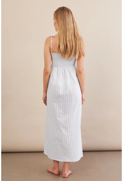 Kadın Ekru-Mavi Straplez çizgili Plaj Elbisesi OR502