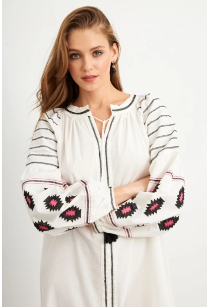 Kadın Ekru Nakışlı Balon Kol Keten Midi Elbise MQS5689-1