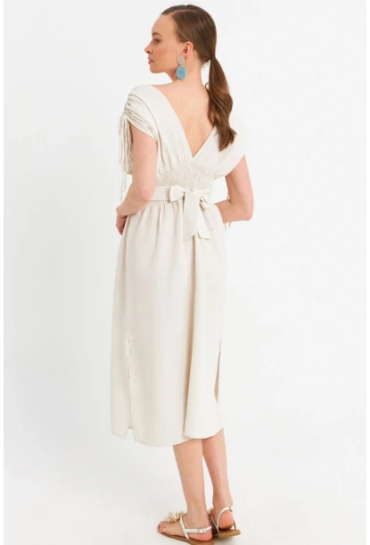 Kadın Ekru Ön Arka V Nakışlı Midi Elbise ELT180