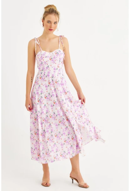 Kadın Ekru-Pembe İp Askılı Çiçekli Midi Elbise ERL10013