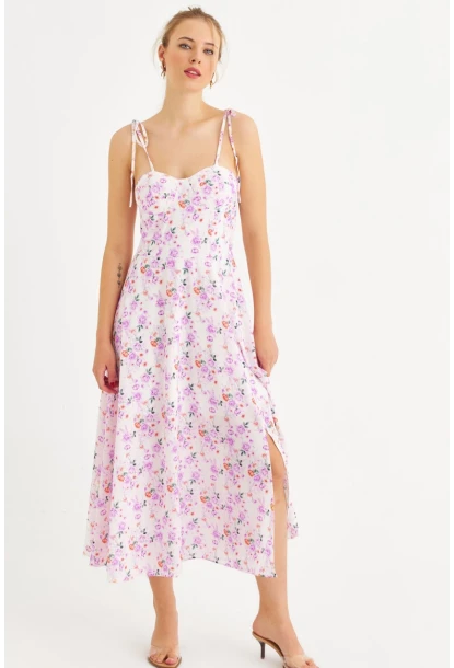 Kadın Ekru-Pembe İp Askılı Çiçekli Midi Elbise ERL10013