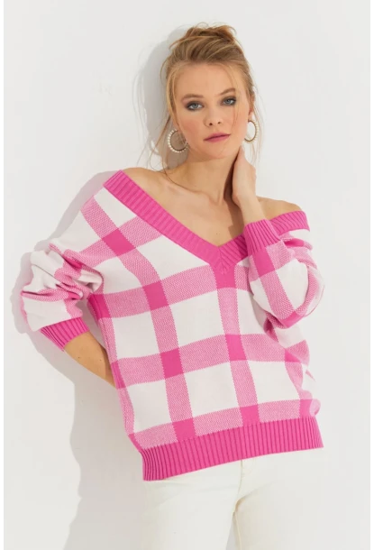 Kadın Ekru-Pembe V Yaka Ekose Triko Kazak TH1102