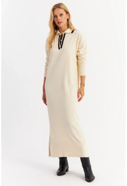 Kadın Ekru Polo Yaka Triko Maxi Elbise MNUV17