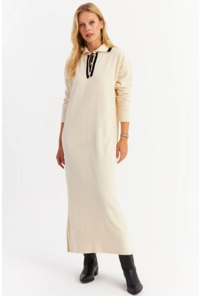 Kadın Ekru Polo Yaka Triko Maxi Elbise MNUV17