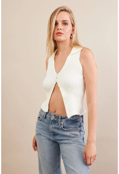 Kadın Ekru Polo Yaka Yumoş Yelek ZH050