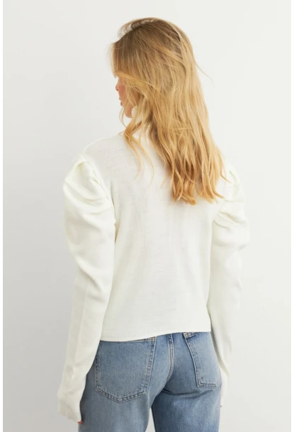 Kadın Ekru Prenses Kol Balıkçı Yaka Triko Bluz SF2555