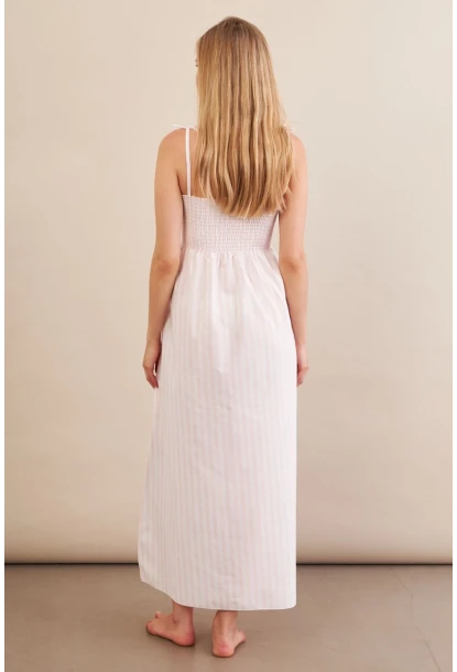 Kadın Ekru-Pudra Straplez Çizgili Plaj Elbisesi OR502