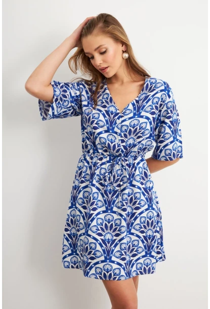 Kadın Ekru-Saks Desenli Mini Elbise Q1006