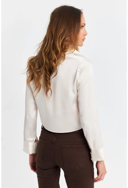 Kadın Ekru Saten Crop Gömlek ELT8052
