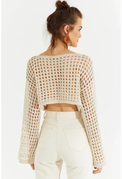 Kadın Ekru Simli Ajurlu Triko Kısa Bluz YV141