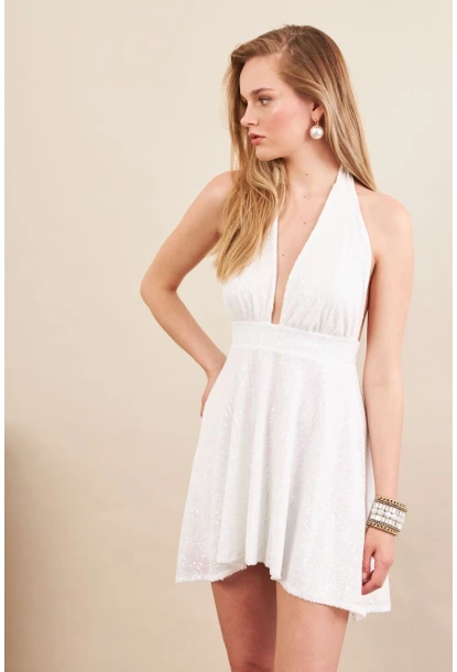 Kadın Ekru Sırtı Açık Payetli Astarlı Mini Elbise DCF046