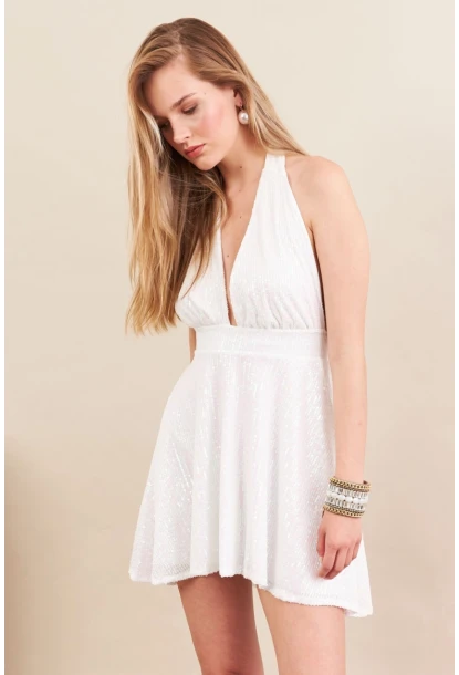 Kadın Ekru Sırtı Açık Payetli Astarlı Mini Elbise DCF046