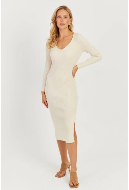Kadın Ekru Sırtı Çapraz Triko Midi Elbise YZ407