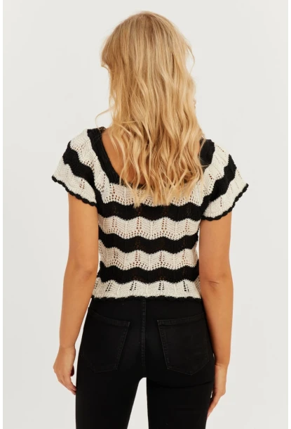 Kadın Ekru-Siyah Ajurlu Triko Bluz YZ624