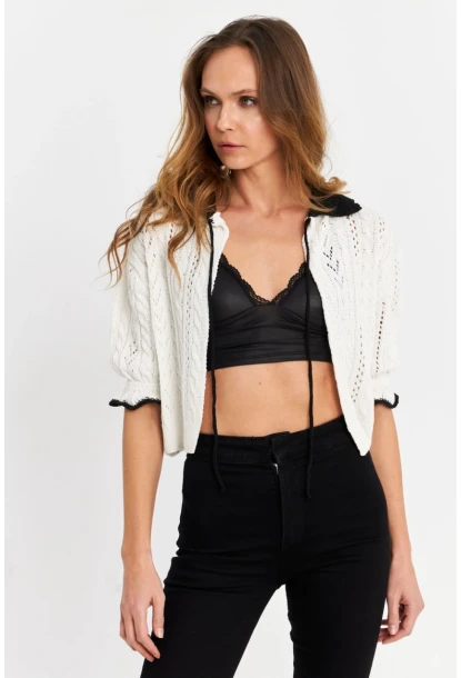 Kadın Ekru-Siyah Ajurlu Triko Hırka YV307