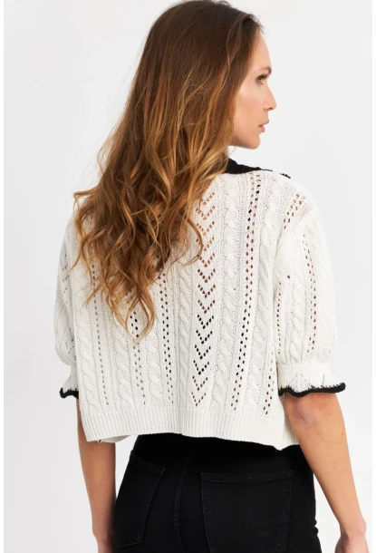 Kadın Ekru-Siyah Ajurlu Triko Hırka YV307