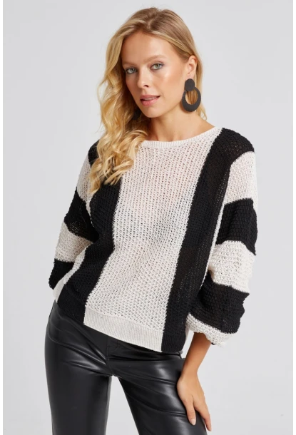 Kadın Ekru-Siyah Ajurlu Triko Kazak YV218