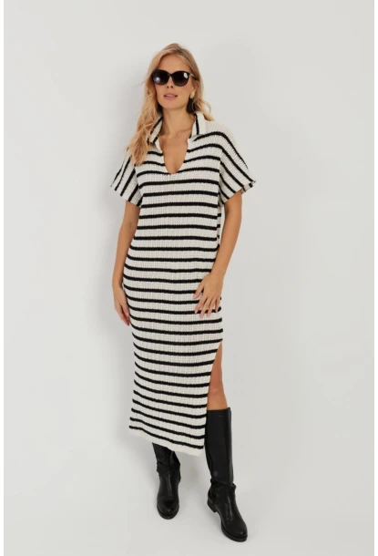 Kadın Ekru-Siyah Ajurlu Triko Midi Elbise YZ622