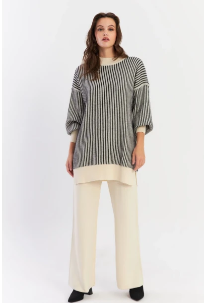 Kadın Ekru-Siyah Alt Üst Pantalon Triko Takım NUV35