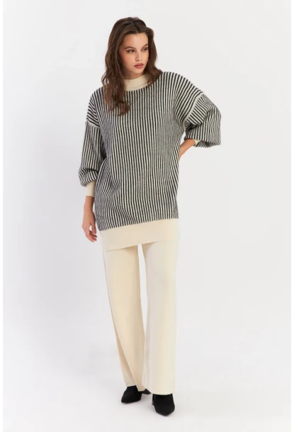 Kadın Ekru-Siyah Alt Üst Pantalon Triko Takım NUV35