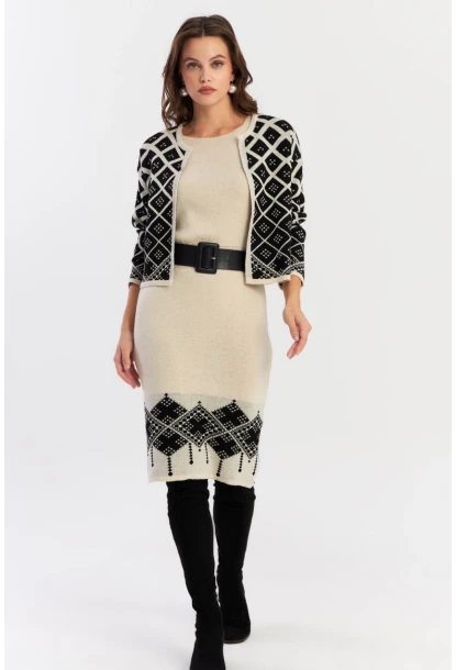 Kadın Ekru-Siyah Alt Üst Triko Desenli Takım NUV2028