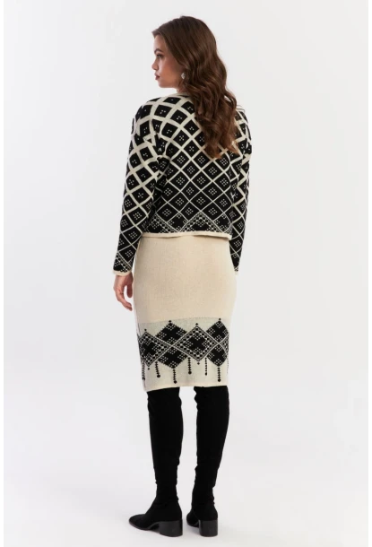 Kadın Ekru-Siyah Alt Üst Triko Desenli Takım NUV2028