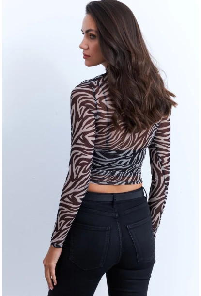 Kadın Ekru-Siyah Büzgülü Desenli Tül Bluz AYD379