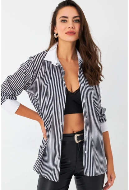 Kadın Ekru-Siyah Çizgili Kontrast Gömlek ELT156
