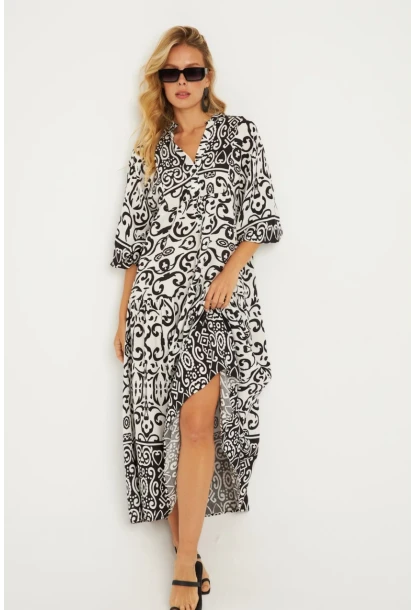 Kadın Ekru-Siyah Desenli Midi Elbise MGÇ169