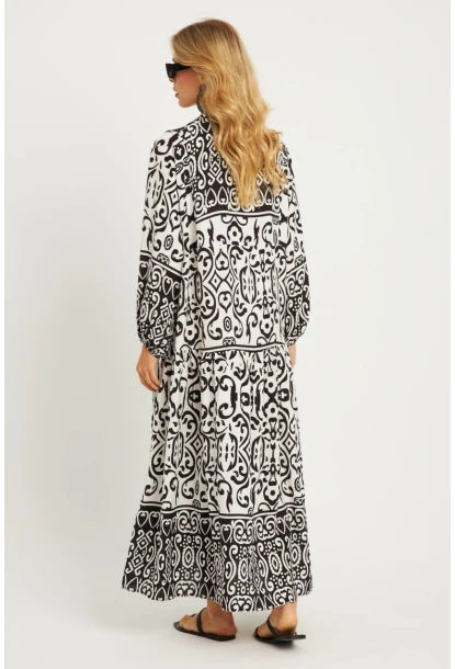 Kadın Ekru-Siyah Desenli Midi Elbise MGÇ169
