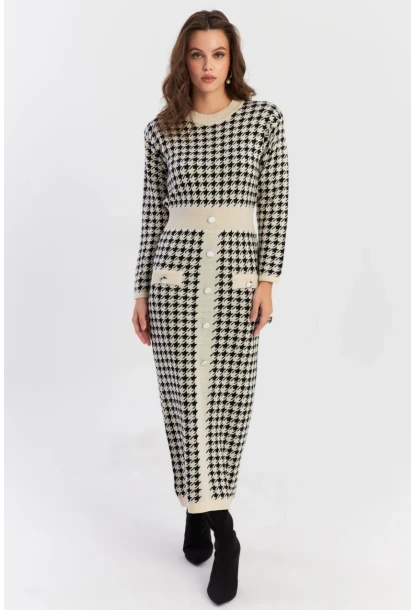 Kadın Ekru-Siyah Düğme Aksesuarlı Desenli Maxi Elbise NUV41