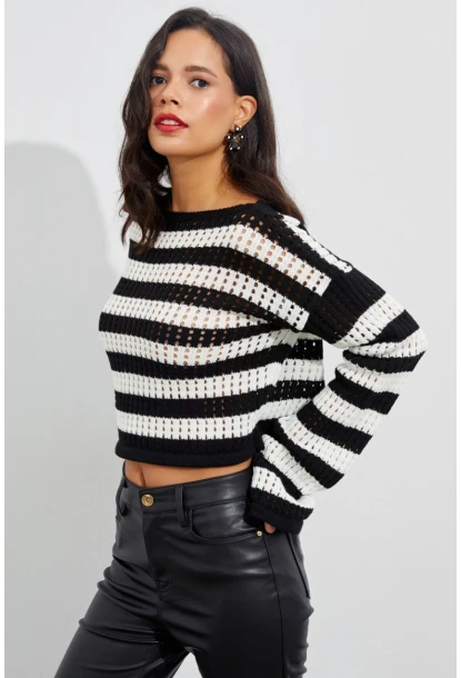 Kadın Ekru-Siyah İspanyol Kol Ajurlu Triko Kısa Bluz YV109