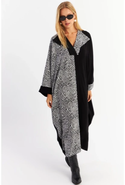 Kadın Ekru-Siyah Leopar Bloklu Maxi Elbise MALO15