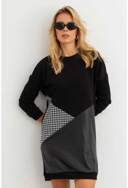 Kadın Ekru-Siyah Leopar Desenli Mini Sweat Elbise ST145